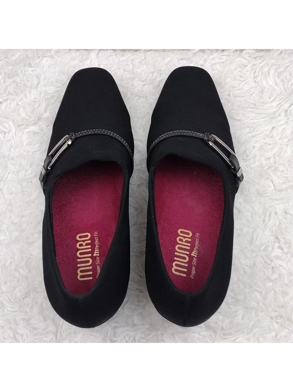 Munro Proper Size Black Fabric Buckle Detail Upper Square Toe Low Heel Shoe